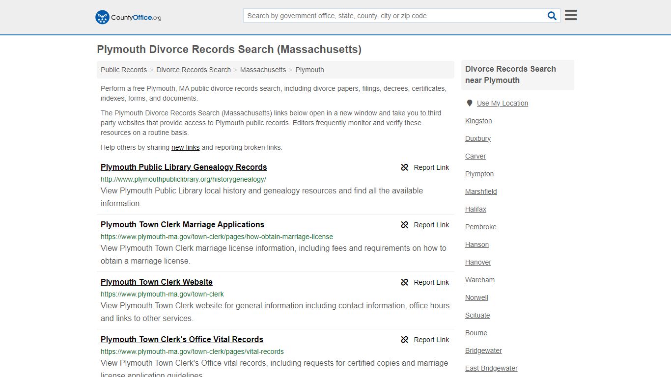 Plymouth Divorce Records Search (Massachusetts) - County Office
